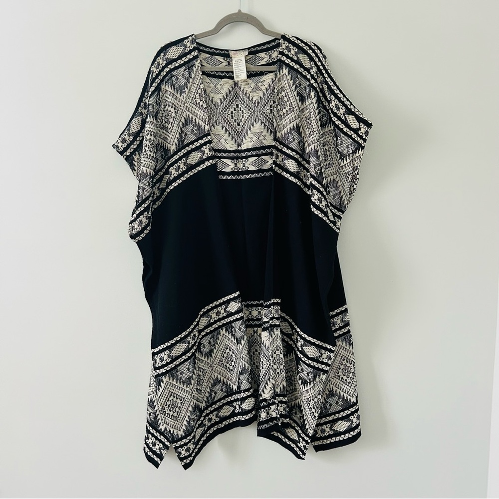 Free People Cream Black Silver Metallic Woven Boho Western Open Kimono Sweater